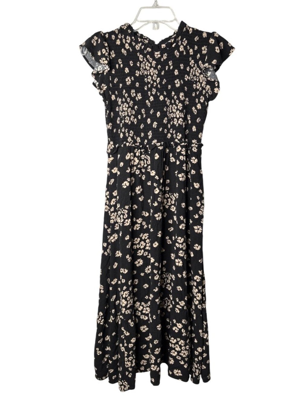 Time and Tru Womens Smocked A-Line Midi Dress Size XS Ditzy Floral Black Beige